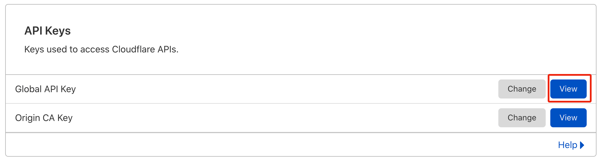 Cloudflare API Keys section highlighting Global API Key View button